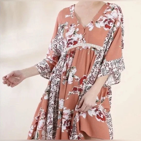 Umgee Floral Bell Sleeves Babydoll Boho Tunic Dress - Picture 7 of 7
